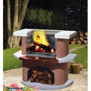 Buschbeck Grillbar Bologna in Weiß-Terrakotta mit Feuerstelle und Holzfach. Grillkamin im Tresen-Design.