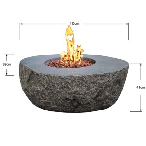 Elementi Gasfeuerstelle Vesuv in Basalt-Optik, runde Feuerstelle mit Lavasteinen und Flamme.