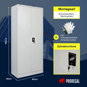 PROREGAL Flügeltürenschrank ELEPHANT Mit 2 Türen Abschließbar HxBxT 180x80x40cm 6 Fächern & Kleiderstange Stahl Pulverbeschichtet Lichtgrau Spind