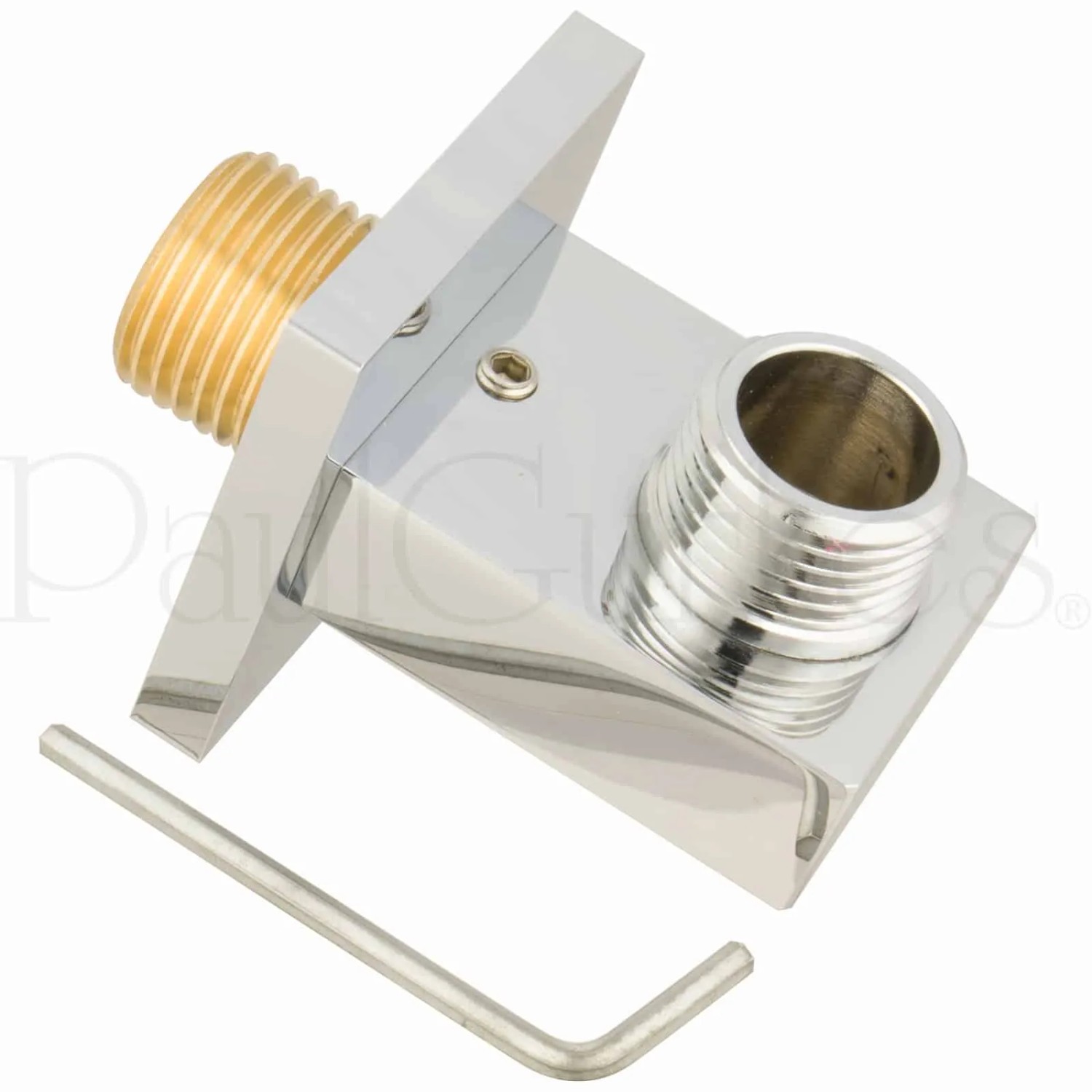 Wandanschlussbogen für PaulGurkes Regendusche, eckig, verchromt, mit Gewinde und Inbusschlüssel.