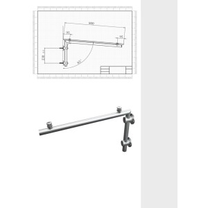 Glasvordach Halterung aus Edelstahl, Detailzeichnung und Produktansicht.