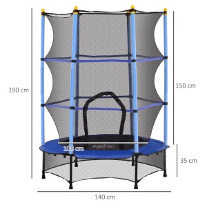 Blaues HOMCOM Kindertrampolin mit Sicherheitsnetz, 140x140x190cm, für drinnen und draußen.