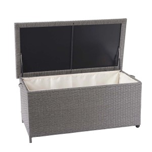 Geöffnete graue Poly-Rattan Kissenbox (250l) von MCW. Premium Aufbewahrungsbox für Garten, Terrasse oder Balkon.