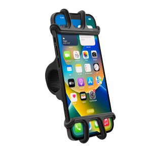 Schwarze Hama Fahrrad-Handyhalterung Universal für Lenkerstange mit eingesetztem Smartphone.