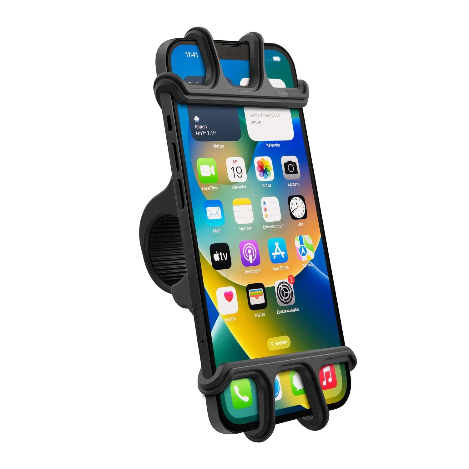 Schwarze Hama Fahrrad-Handyhalterung Universal für Lenkerstange mit eingesetztem Smartphone.