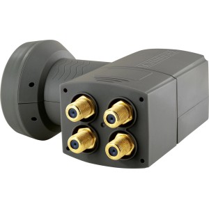 Schwaiger Quad LNB in Anthrazit für SAT-Anlagen mit hitzebeständiger Kappe und 4 Anschlüssen.