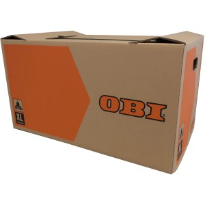 OBI Umzugskarton XL, 126 l, braun mit orangem Aufdruck und Tragegriffen.