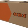 OBI Umzugskarton XL, 126 l, braun mit orangem Aufdruck und Tragegriffen.