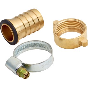 Schlauchverbinder aus Messing, 19 mm (3/4 Zoll), mit Tülle und Schelle zur sicheren Schlauchfixierung.