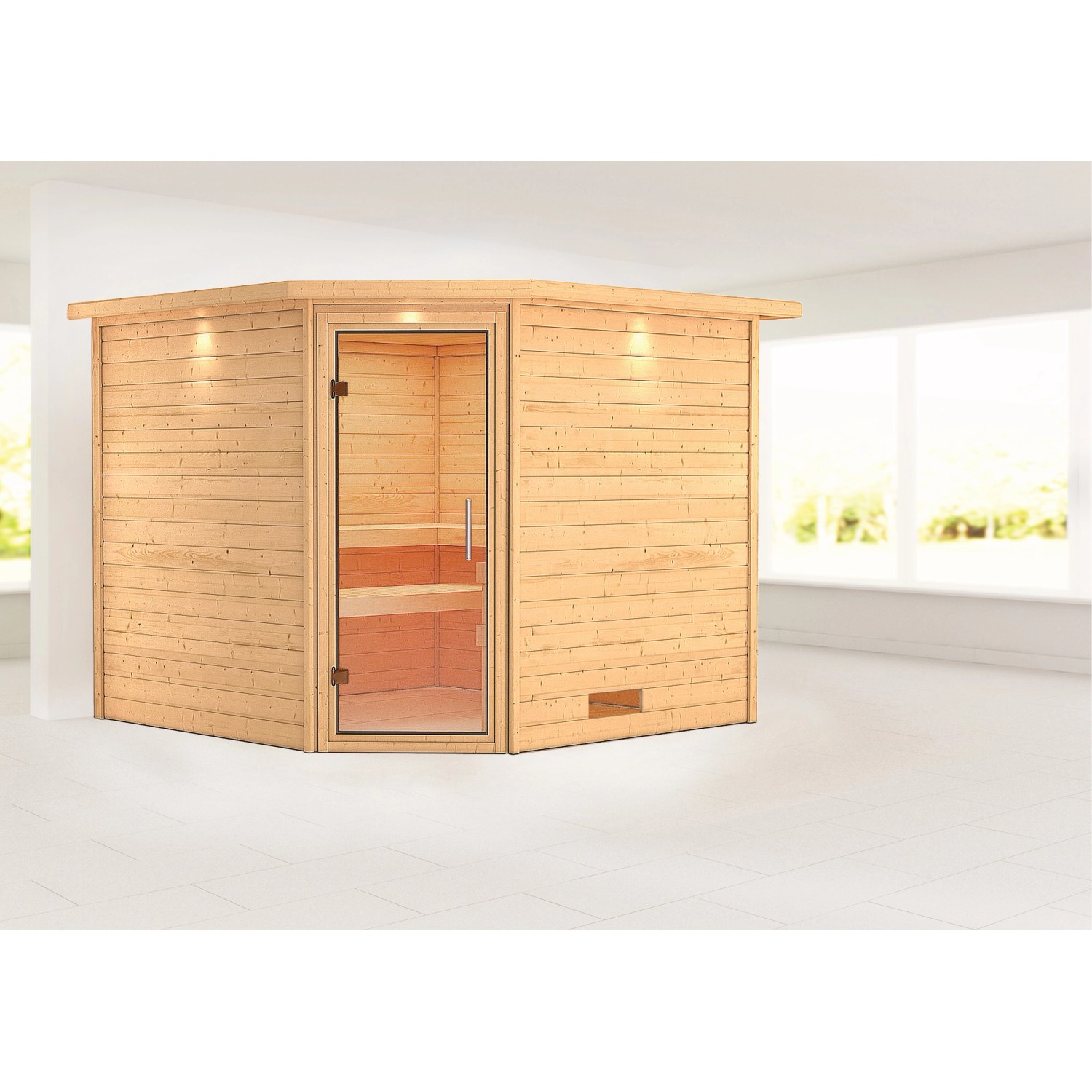 Karibu Sauna Leona und LED-Dachkranz Natur günstig online kaufen