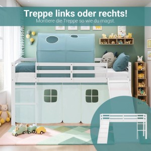 Homestyle4u Kinder Hochbett 90x200 aus weißem Kiefernholz mit Rutsche, grünem Vorhang, blauem Tunnel. Leiter wechselseitig montierbar.