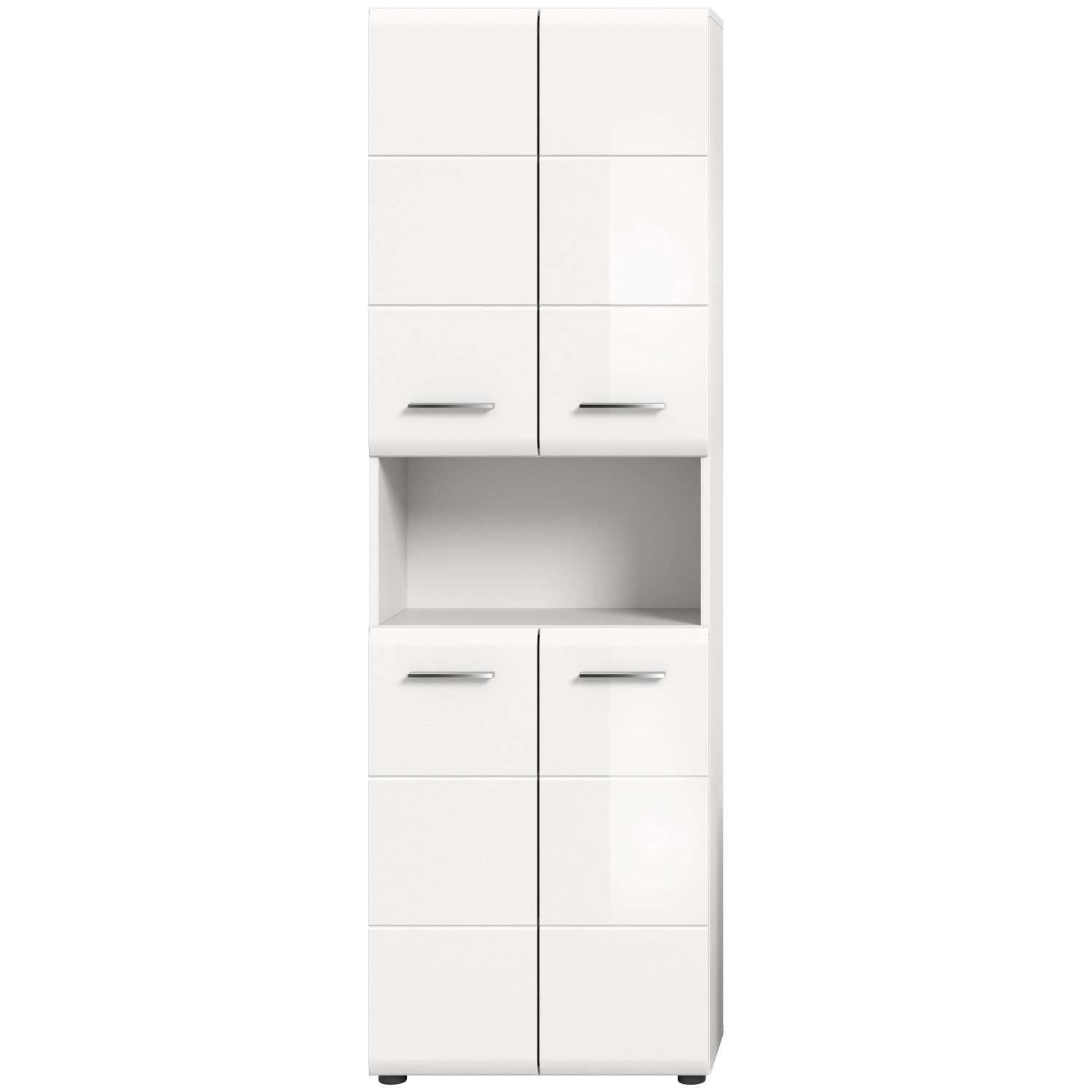 Weißer OBI Bad Hochschrank Ice, 60x185x30 cm, mit Hochglanzfronten und offenem Fach.
