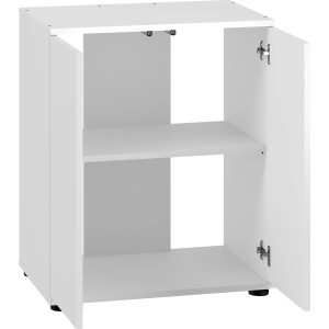 Weißer Juwel Aquariumunterschrank SBX Lido 120 mit zwei offenen Türen und zwei Regalböden.