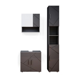 Vicco Badmöbel-Set Irma, 3-teilig, Anthrazit Hochglanz mit Spiegelschrank, Waschbeckenunterschrank und Hochschrank.