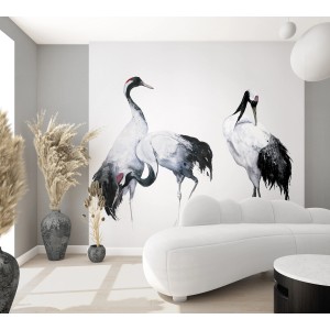 Moderne Fototapete mit Kranich Illustration in Weiß-Grau für Wohnräume.