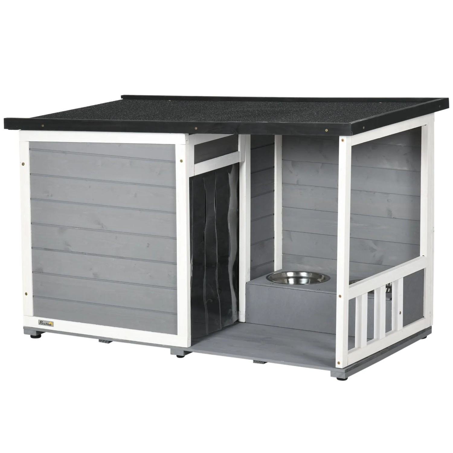 PawHut Hundehütte mit 2 Schüsseln Terrasse Asphaltdach Grau 103 x 62 x 60-66 cm