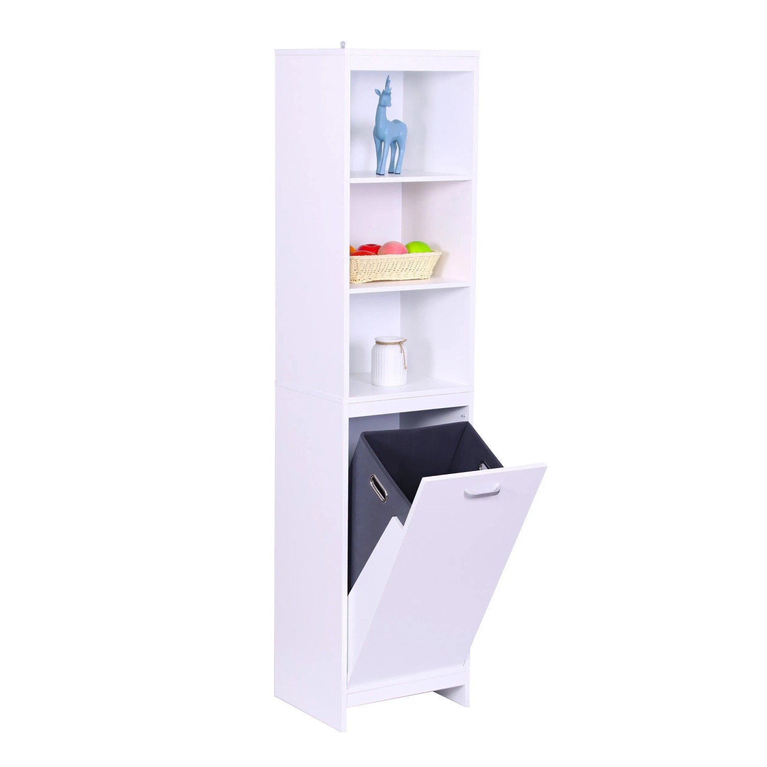 Relaxdays Wäscheschrank Faserplatte Weiß mit Wäschesack 172 cm x 40 cm x 35 cm