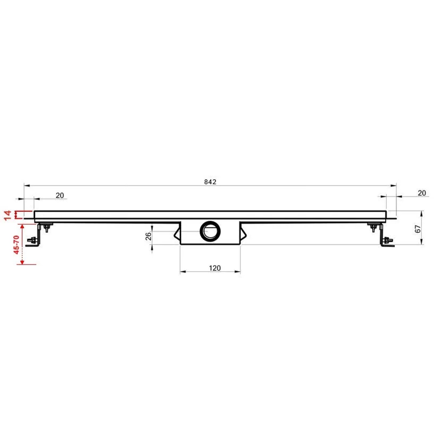 Edelstahl-Duschrinne, 80 cm, grau, mit Siphon, technische Zeichnung für bodengleiche Dusche.