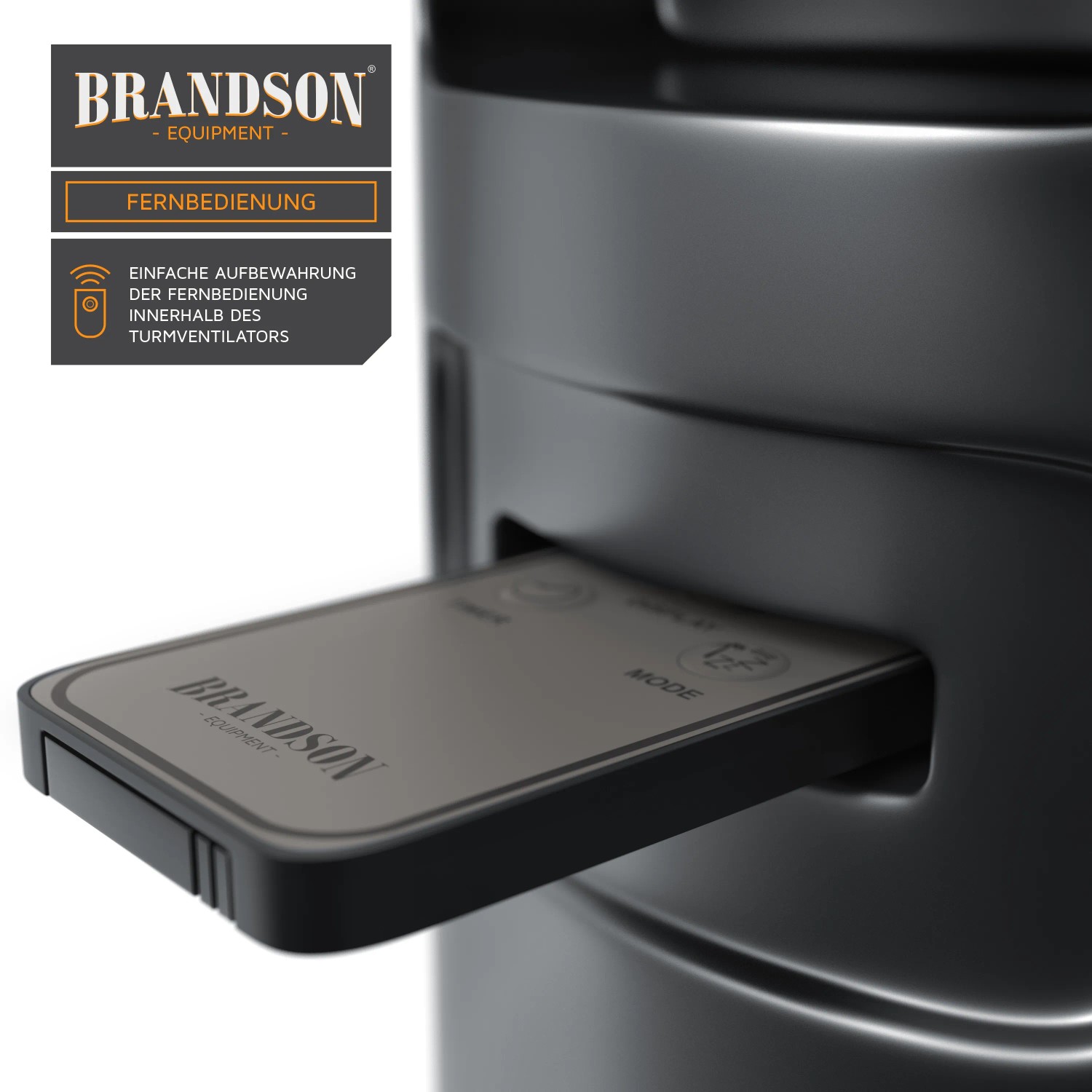 Brandson Turmventilator: Detailaufnahme der Fernbedienung im Aufbewahrungsfach.