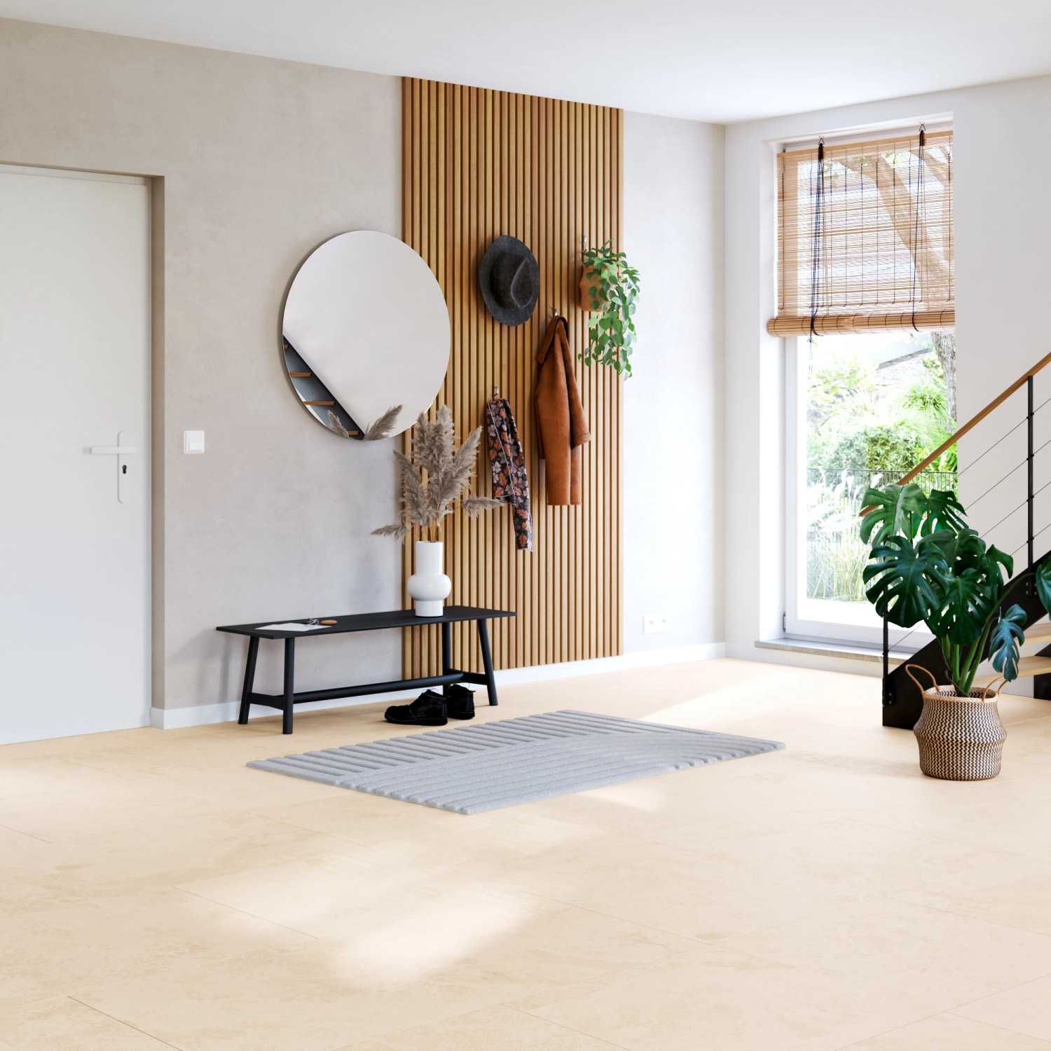 Heller Eingangsbereich mit Feinsteinzeug Bodenfliese in Steinoptik, matt glasiert, 60x120 cm.