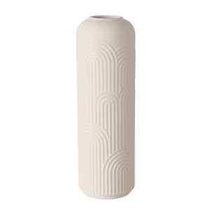 Beige-weiße Boltze Home Vase Aliette, 25 cm hoch, mit modernem Rillenmuster.
