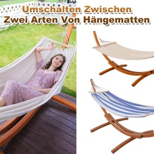 HOMAVO Hängematte mit Gestell in Blau, mit Holzrahmen und zwei Hängematten-Designs.