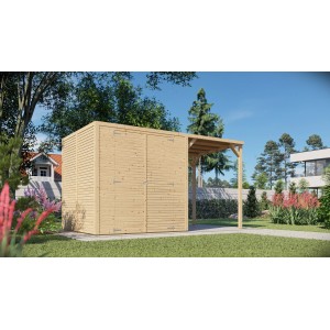 Bertilo Holz-Gartenhaus Box 3 Plus mit Anbau, naturbelassenes Fichtenholz, Elementbauweise.