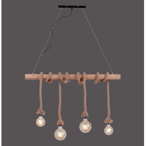 Rustikale 4-flammige Pendelleuchte Rope in Schwarz mit Holzbalken und Seilen.