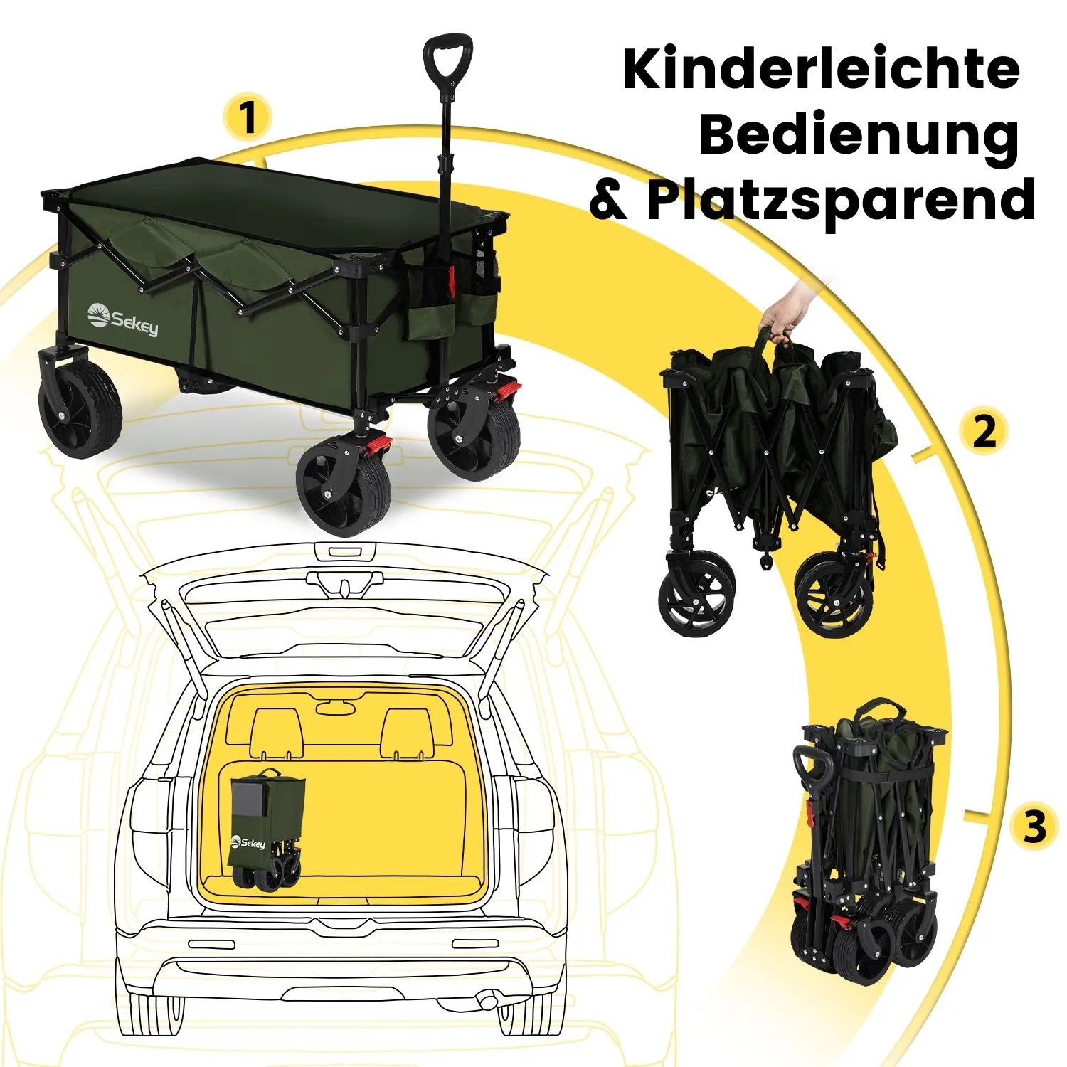 Sekey XXL Bollerwagen, faltbar, dunkelgrün, 150L. Campingwagen mit Bremse und Faltmechanismus.