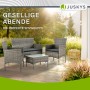 Juskys Polyrattan Gartenmöbel Sitzgruppe Fort Myers, grau meliert mit dunkelgrauen Bezügen.