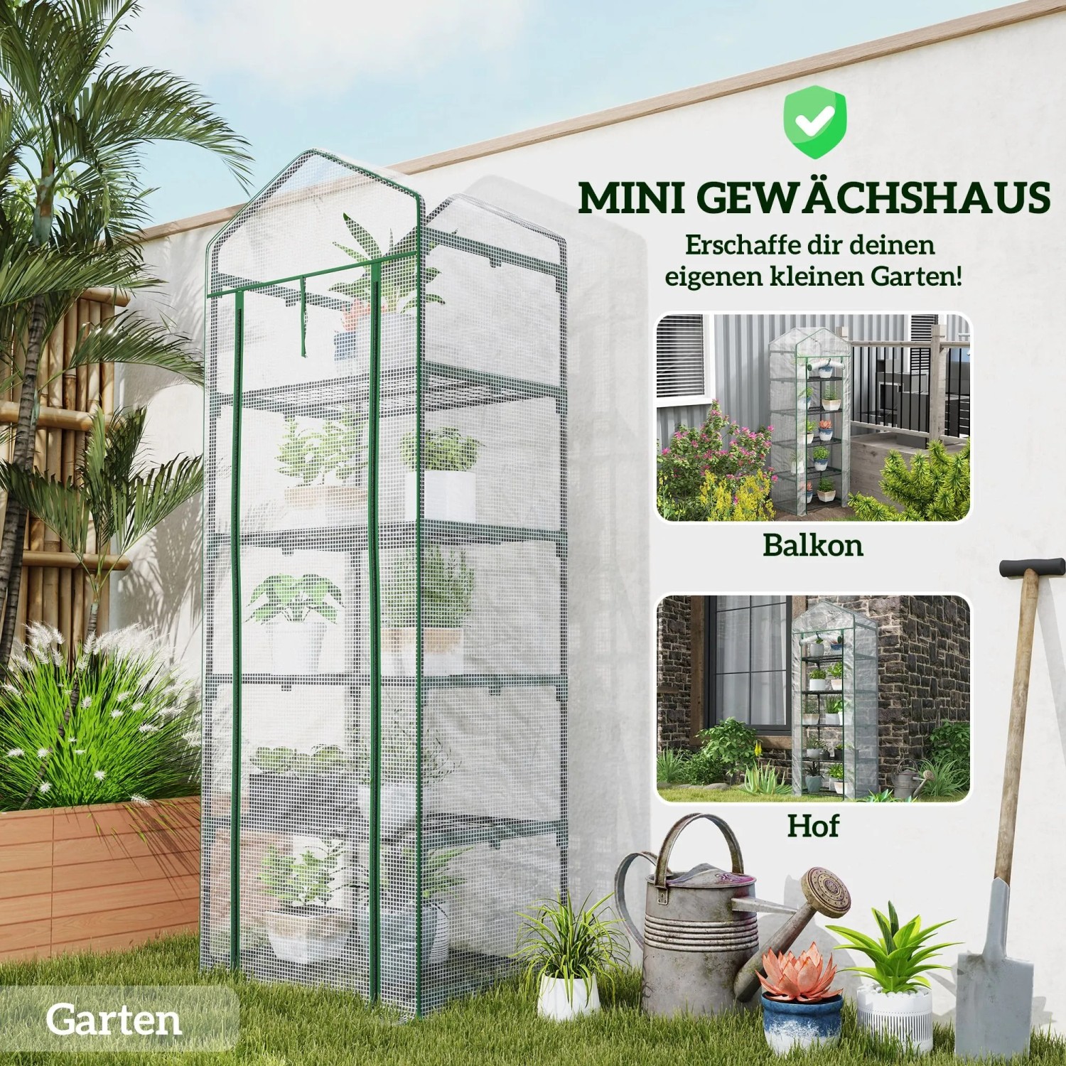 Outsunny Foliengewächshaus mit grünem Stahlrahmen, 5 Ebenen und transparenter Hülle, gefüllt mit Pflanzen im Garten.