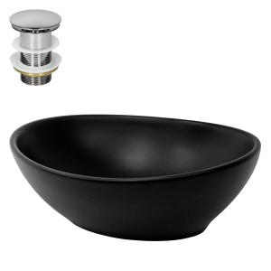 Schwarzes, mattes ML-Design Keramik Waschbecken (41x33,5cm) mit Ablaufgarnitur.