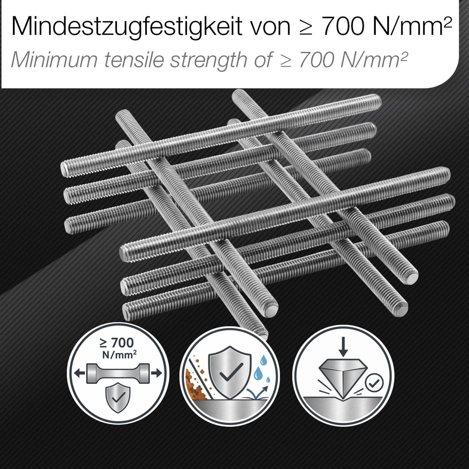 SOTECH Gewindestangen M5x1000mm aus Edelstahl A2, vollgewindig, im Gittermuster. Zeigt hohe Zugfestigkeit und Korrosionsschutz.