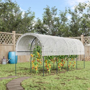 Weißes Outsunny Gewächshaus mit PE-Gitterfolie und Tomatenpflanzen im Garten.