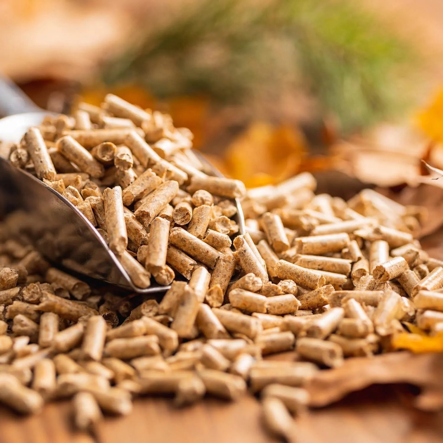 Haufen heller Holzpellets mit Metallschaufel auf Holzgrund. Heizfuxx Blue ENplus A1 Brennstoffe für Heizsysteme.