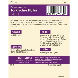 Pabst Keimkraft Türkischer Mohn Brillant Saatgut Packung mit feuerroten Blüten.
