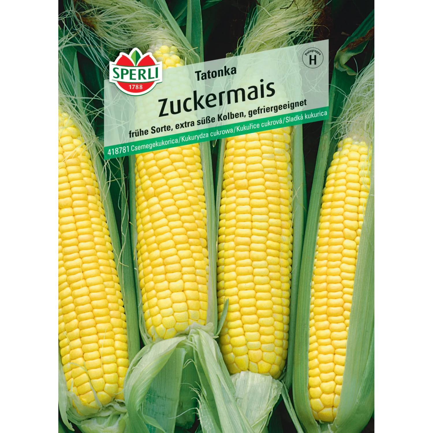 Samenpackung Sperli Zuckermais Tatonka F1-Hybride mit gelben Maiskolben.