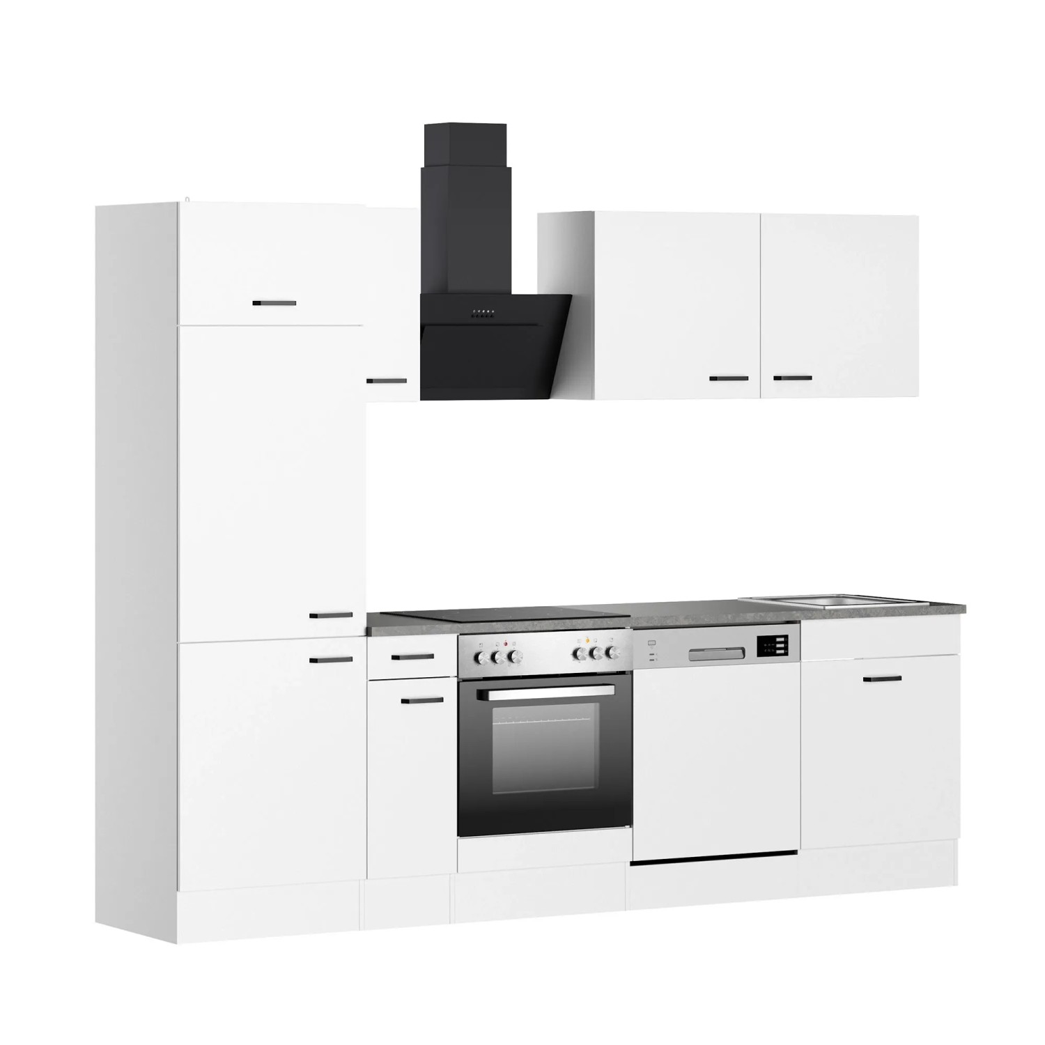 Weiße OPTIFIT Küchenzeile Bonn214, 270 cm breit, ohne Elektrogeräte.