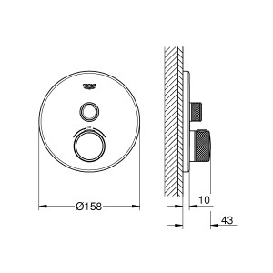 Technische Zeichnung: Grohe Grohtherm SmartControl Thermostat, Chrom, runde Wandrosette, Maße.