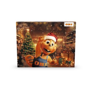 OBI Werkzeug-Adventskalender mit Werkstatt-Motiv und OBI Biber mit Weihnachtsmütze.