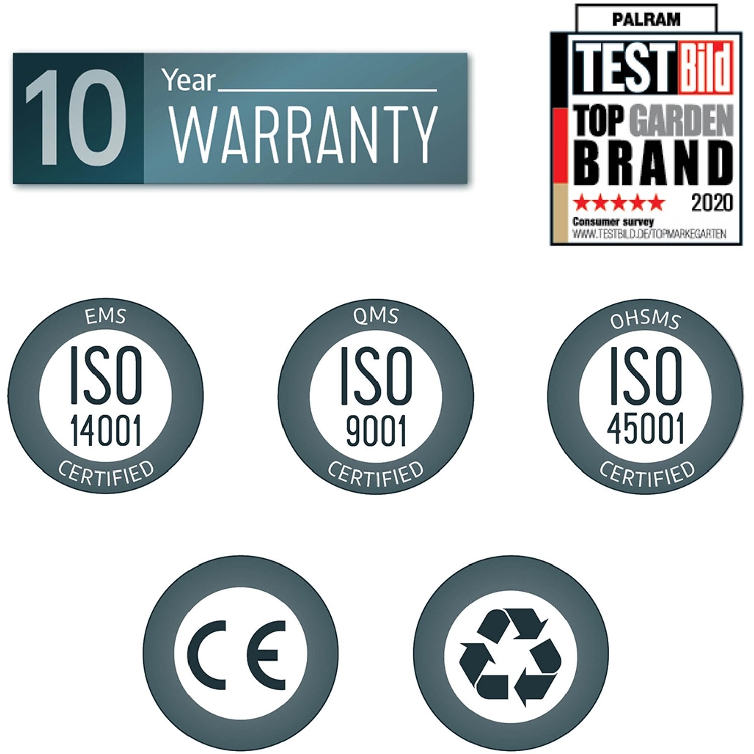 Zertifizierungen und Gütesiegel für Canopia Ledro Pavillon: 10 Jahre Garantie, ISO, CE, Recycling.