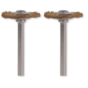 Zwei Dremel Messingbürsten 19 mm mit runden, goldenen Borsten und Metallstiel für Miniaturwerkzeuge.