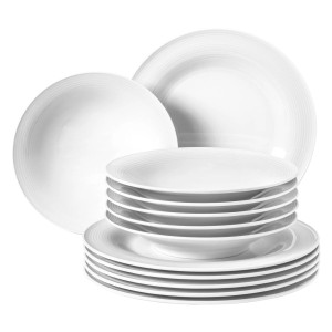 Seltmann Weiden Beat, 12-teiliges Tafelservice aus weißem Porzellan mit Rillenrelief.