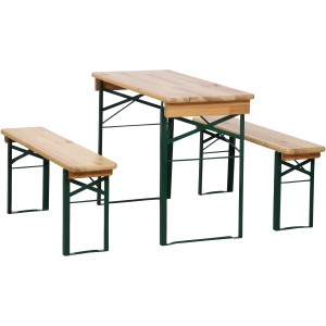 Fun Star Bierzeltgarnitur, 3-teilig, beige: Klappbarer Tisch (110x50cm) und zwei Bänke mit grünem Stahlgestell.