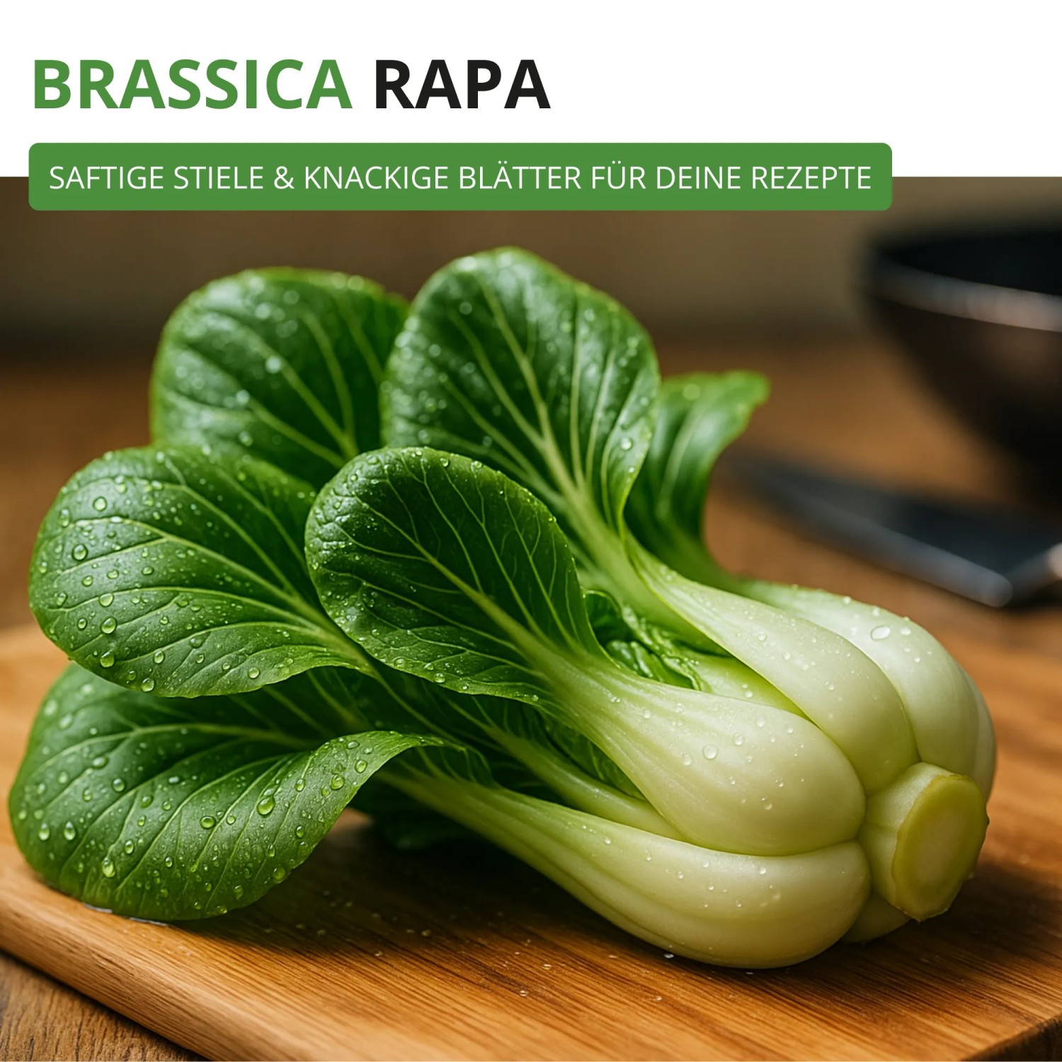 Frischer Pak Choi mit grünen Blättern und weißen Stielen auf Holzbrett, bereit für die Küche. Blattgemüse.