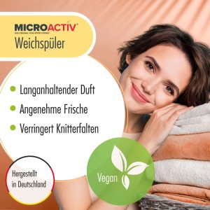 Frau lächelt mit Microactiv Summer Weichspüler 10l und Wäsche. Vegan, für langanhaltenden Duft und weniger Knitterfalten.
