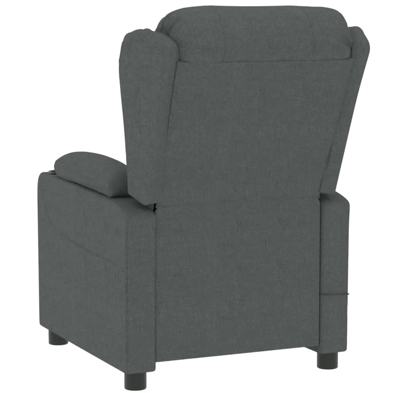 Dunkelgrauer Relaxsessel elektrisch, Stoff, Rückansicht. Loungesessel mit Ohren und Armlehnen.