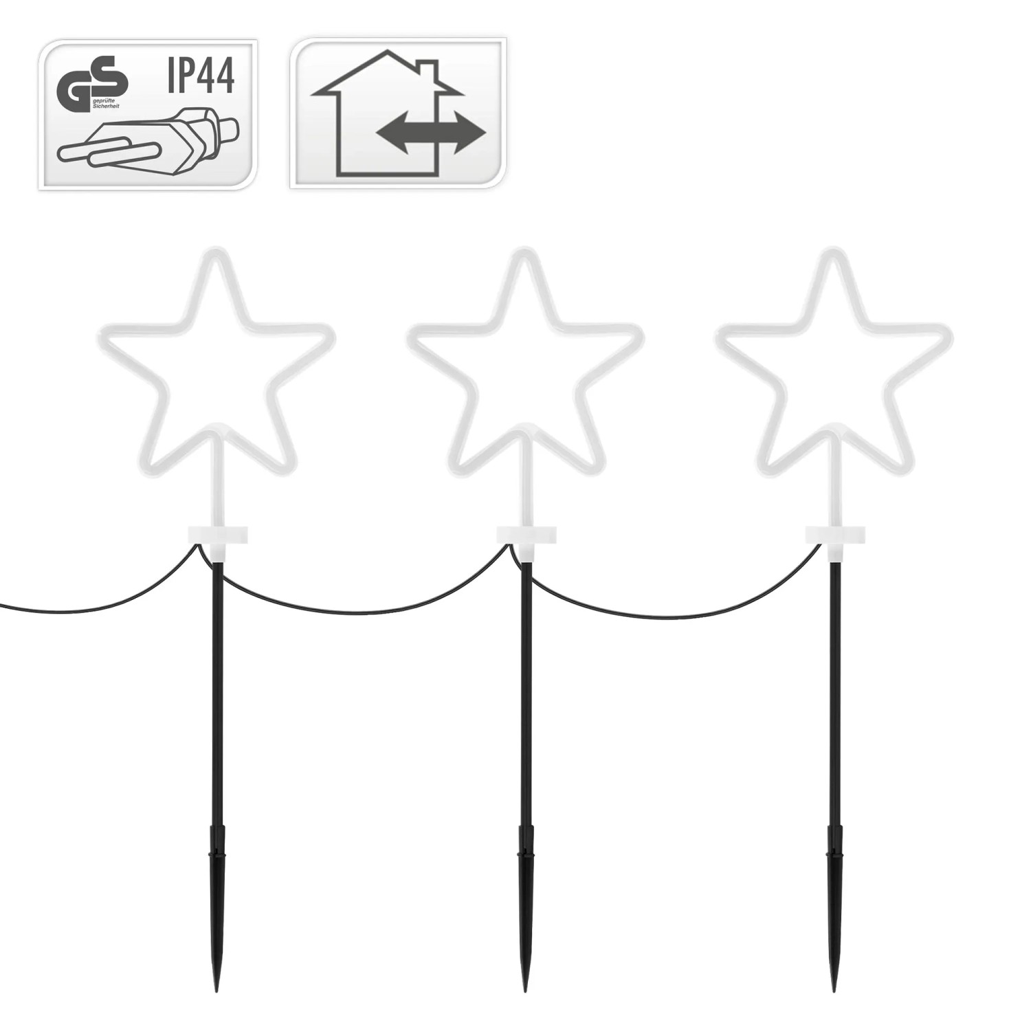 3er Set Gartenstecker Sterne, weiße Neon-Röhren, Weihnachtsdekoration für Außen.