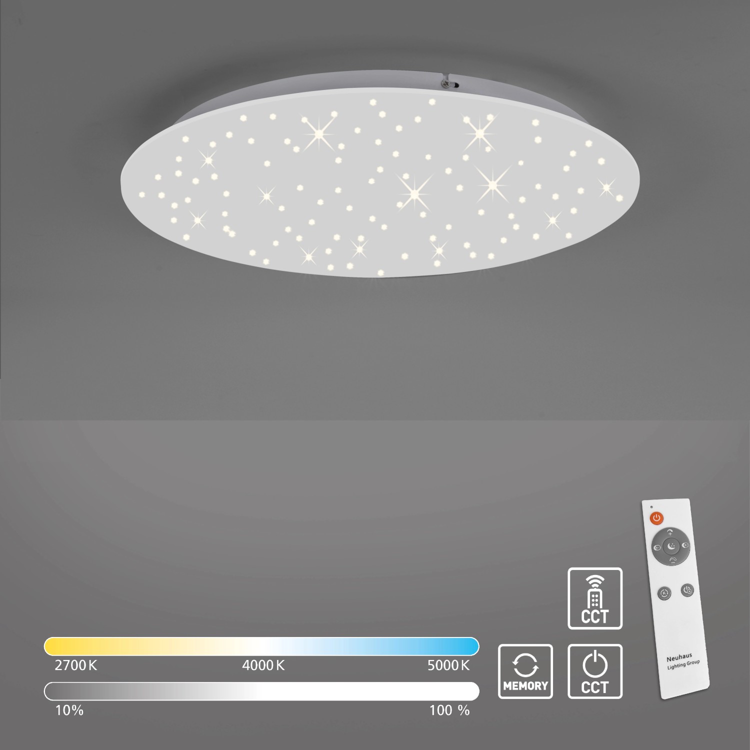 Weiße LED-Deckenleuchte Sternenhimmel (48x48cm) mit Fernbedienung zur Dimmung der Lichtfarbe.