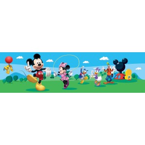 Disney Bordüre mit Micky Maus, Donald Duck und Goofy auf grünem Grund und blauem Himmel.